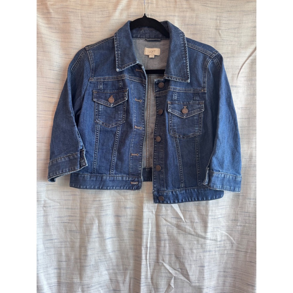 Loft Outlet Denim Jacket Womens Small Medium Wash Cropped 3/4 Sleeve Trucker